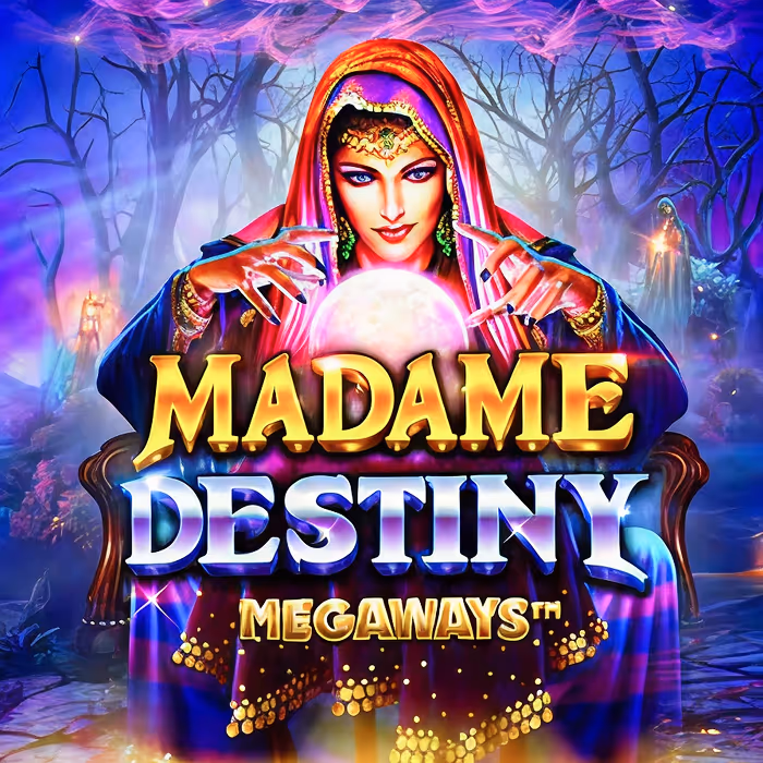 Madame Destiny Slot mit Wahrsagerin-Thema mit Kristallkugeln und mystischen Symbolen